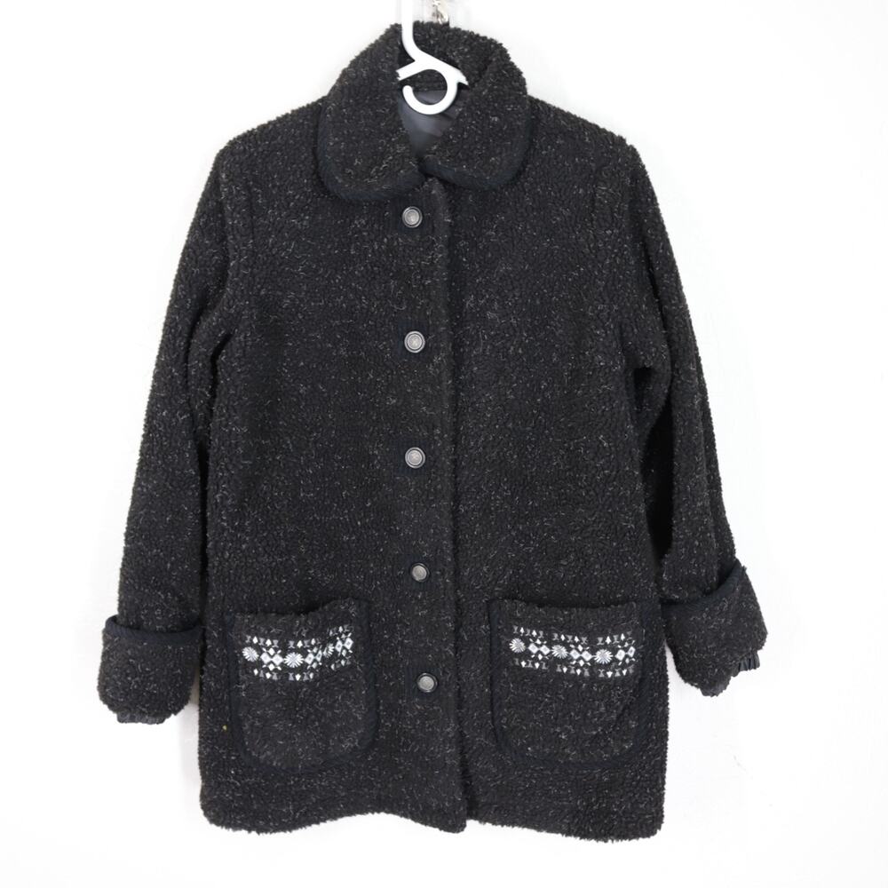 Vintage Fleece Jacket Womens Small Black Nylon Lined Cuffs Pockets Snap